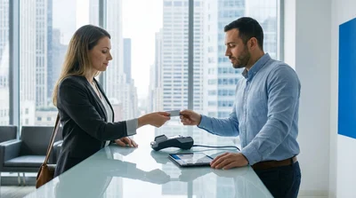 Close up of a customer handing a credit card to an agent at a car hire desk in New York