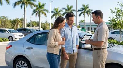 Person inspecting the fuel cap of a white car rental parked near palm trees in sunny Florida