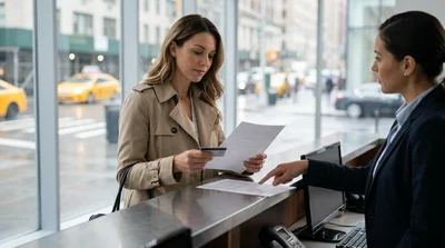 Person checking a credit card slip inside a car hire vehicle parked on a New York street