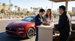 Person handing a credit card to an agent at a car hire counter in Las Vegas