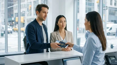 Two customers handing their driver licenses to an agent at a New York car rental counter