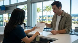 Customer handing documents to an agent at a car hire desk with a sunny Miami skyline visible through the window