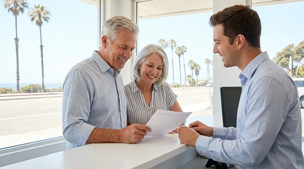 Senior couple standing next to a white car hire parked on a sunny California coastal road