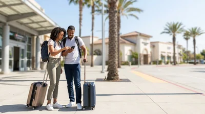 Travelers with luggage walking outside Los Angeles Union Station toward a car rental facility