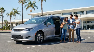 Two friends driving a car rental along a scenic coastal highway in California