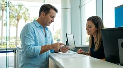 Customer presenting a driving licence to an agent at a Florida car rental desk