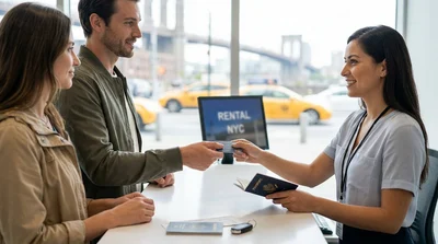 Person handing a credit card to an agent at a car rental desk in New York