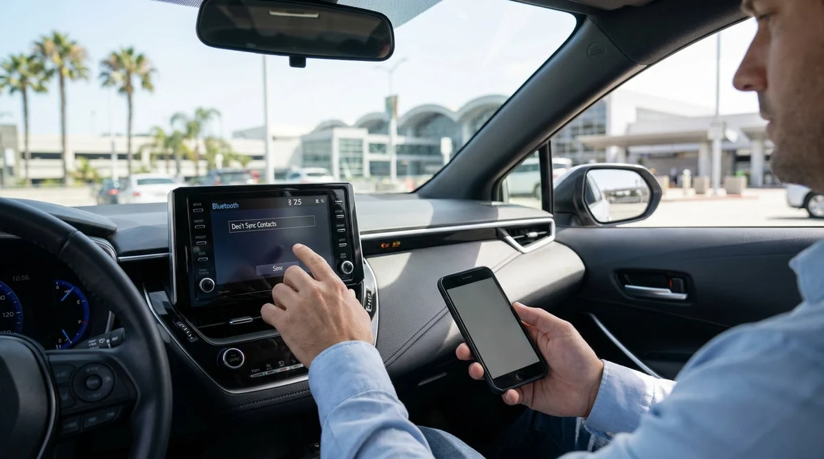 Driver pairing a smartphone to a car rental dashboard screen with Los Angeles streets visible outside