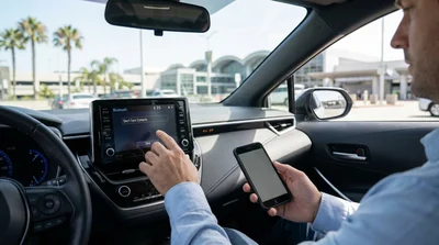Driver pairing a smartphone to a car rental dashboard screen with Los Angeles streets visible outside
