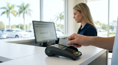 Person handing a credit card to an agent at a sunny Florida car hire pick-up desk