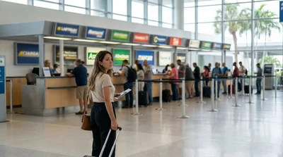 People with luggage waiting at a shared car rental counter inside Miami airport
