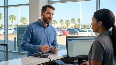 Customer handing a credit card to an agent at a car rental counter in Texas