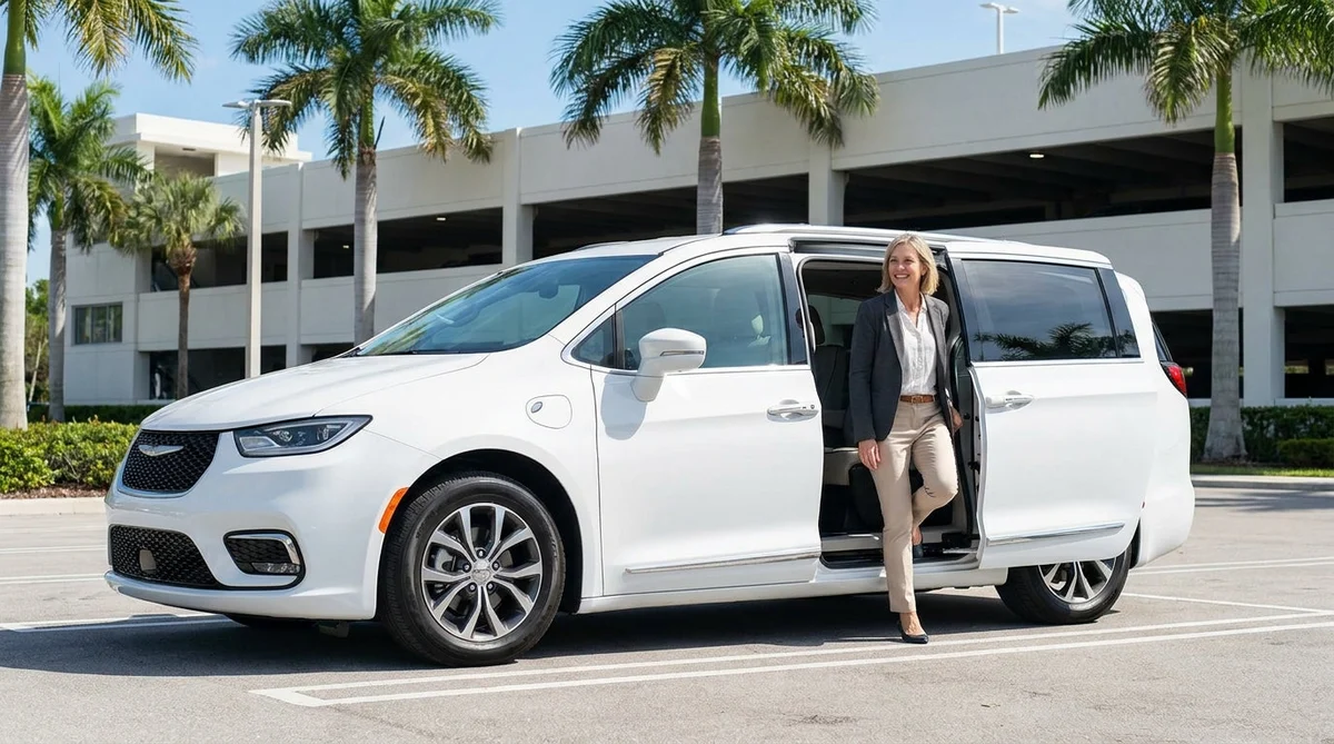 A person stepping through the open door of a spacious SUV car rental parked on a sunny Florida street