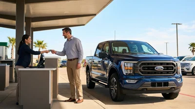 Business professional handing a credit card to a car rental agent at a counter in Texas