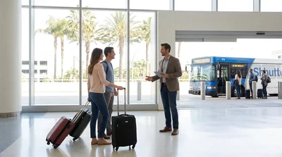 Traveler pulling luggage toward a car rental shuttle bus at a Los Angeles airport terminal