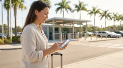 Person holding a smartphone beside a parked vehicle at a sunny Florida car hire lot