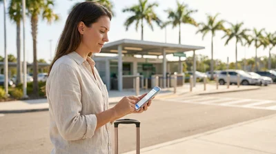 Person holding a smartphone beside a parked vehicle at a sunny Florida car hire lot