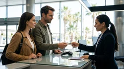 Close-up of a customer paying with a credit card at a Miami car rental desk