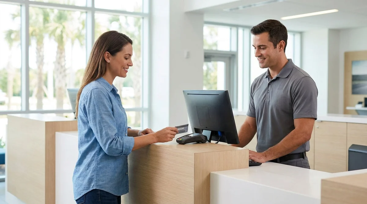 Customer handing a credit card to an agent at an Orlando car hire desk