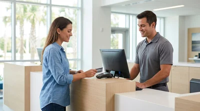 Customer handing a credit card to an agent at an Orlando car hire desk