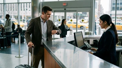 A traveler with a suitcase looking at a watch near a car rental counter in New York