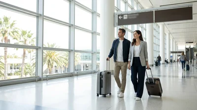 Passengers with luggage walking through Miami Airport Terminal 1 toward the car rental center