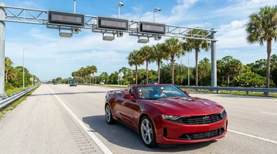 White car rental driving through an electronic toll plaza on a sunny Florida highway