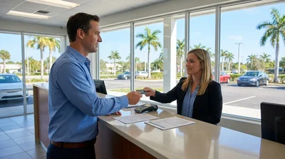 A customer handing a credit card to an agent at a Hola car rental counter in Florida