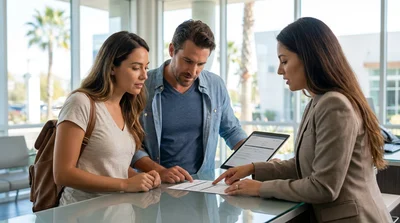 Close-up of hands signing a document at a car rental counter in California