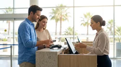 Traveler handing a credit card to an agent at a car hire counter in Orlando