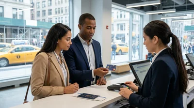 Person handing a credit card to an agent at a car hire desk with a New York street in the background