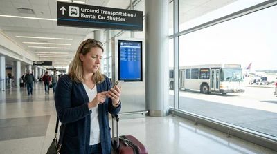 Travelers with luggage boarding a car rental shuttle bus outside a busy Los Angeles airport terminal
