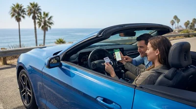 White car rental driving on a scenic highway toward a toll booth in California