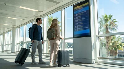 Travelers walking with luggage toward the car rental desks inside an Orlando airport terminal