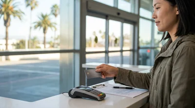 Close-up of a customer handing a credit card to a car hire agent at a service desk in California