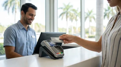Hand tapping a credit card on a payment terminal at a car hire desk in Miami