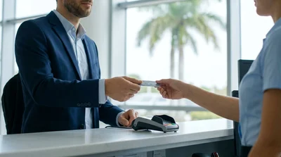 Traveler handing a credit card to an agent at a car rental counter in Florida