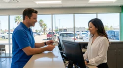 Customer handing a credit card to staff at a car hire desk in Texas