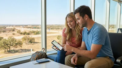 Person checking a smartphone map while standing next to a car rental in Texas