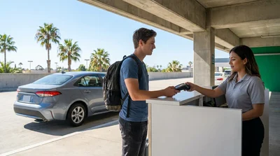 Young driver behind the wheel of a car rental on a scenic coastal road in California