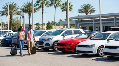 Row of cars parked at a sunny car hire facility in Orlando surrounded by palm trees