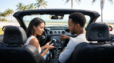 Person using a smartphone for navigation inside a car hire on a sunny Florida road