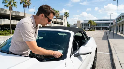 Close-up of inspection stickers on a car rental windscreen parked under sunny palm trees in Florida