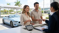 Customer handing a credit card to a clerk at a car rental desk in Florida