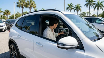 Dashboard screen showing a reversing camera view inside a car rental in Florida