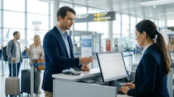 Person handing a UK driving licence to a customer service agent at a New York car rental desk