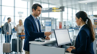 Person handing a UK driving licence to a customer service agent at a New York car rental desk
