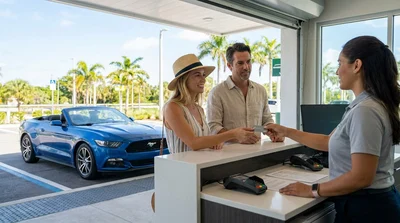 Customer handing a credit card to an agent at a Florida car rental desk