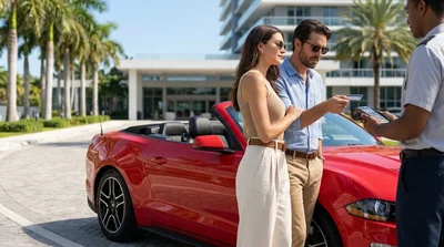 Person handing a credit card to a customer service agent at a car hire desk in Miami