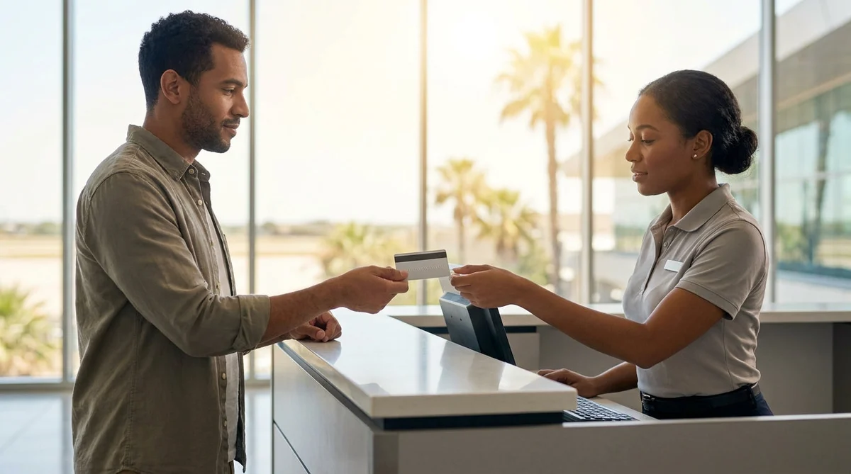 Customer handing a credit card to an agent at a car rental desk in Texas
